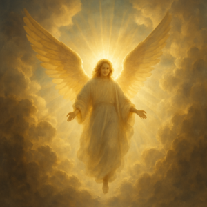 Heavenly messenger breaking through clouds with radiant light