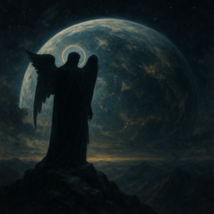 A mysterious angelic figure observing Earth from the heavens