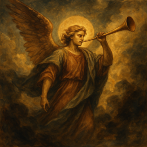 Apocalyptic angel sounding the trumpet as described in Revelation