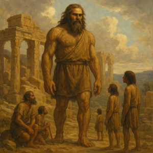 Artist depiction of giant Nephilim among early humans in ancient landscape