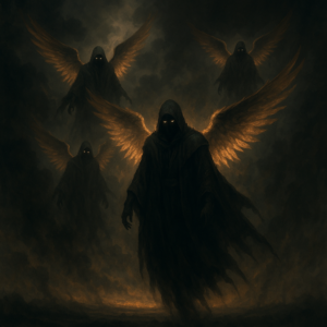 Fallen angels arriving on Earth, glowing with divine power, cloaked in shadow