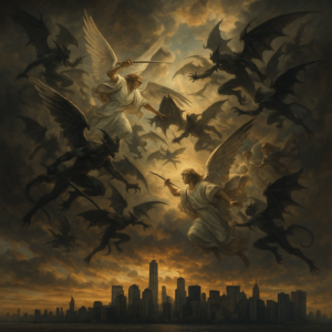 Heavenly battle between angels and dark forces above Earth in dramatic sky