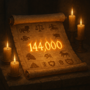 Scroll displaying the number 144,000 and the twelve tribes of Israel