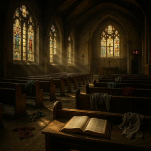 Empty church with Bibles and clothes left behind after the Rapture