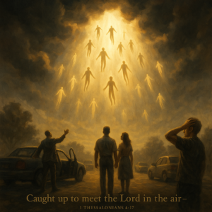 Believers rising into the clouds during the Rapture