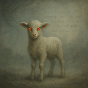 Symbolic lamb with dragon eyes representing the deceptive False Prophet