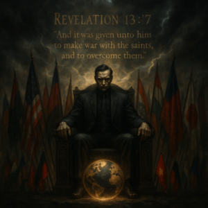 The Antichrist on a throne ruling the nations in fulfillment of Revelation 13