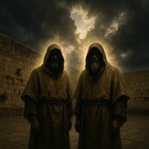 The Two Witnesses in sackcloth standing before the Western Wall in Jerusalem
