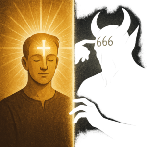 Symbolic image of the mark of the beast vs. the seal of God