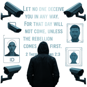 Surveillance systems and digital IDs with biblical warning overlay