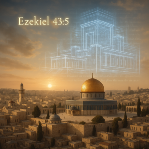 Modern Jerusalem with glowing prophecy symbols over the Temple Mount