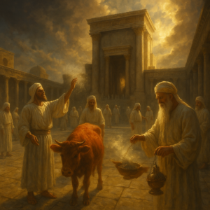 "A dramatic digital painting of a future Third Temple courtyard in Jerusalem, with priests in white performing a purification ceremony using the ashes of a red heifer. Glowing sunlight, spiritual atmosphere, ancient architecture, and symbolic reverence."