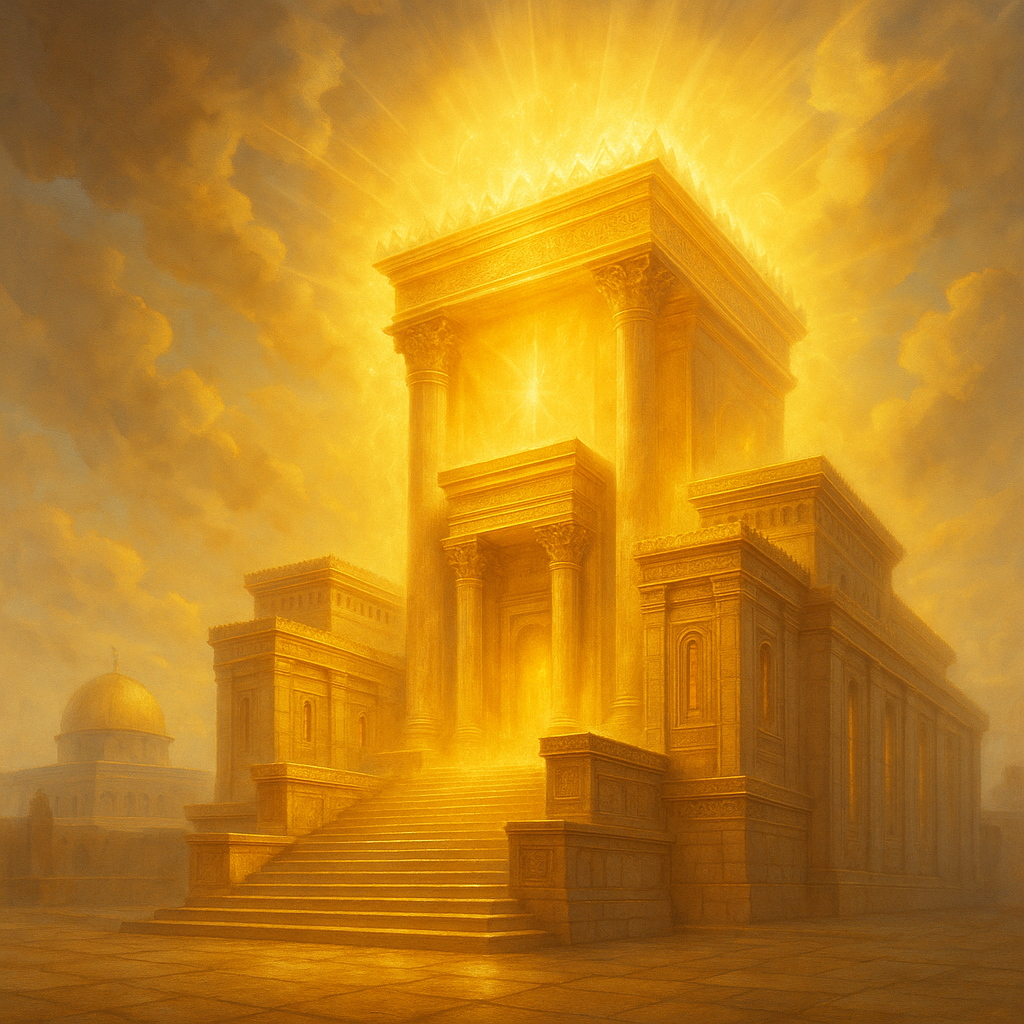 Artistic rendering of the Third Temple in Bible prophecy, illustrating its potential significance in Christian eschatology and end-times interpretation.