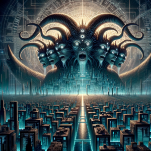 Beast from Revelation 13 overlaid with global digital systems