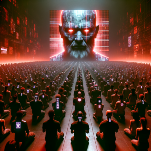 People kneeling to the Antichrist’s image with digital marks visible