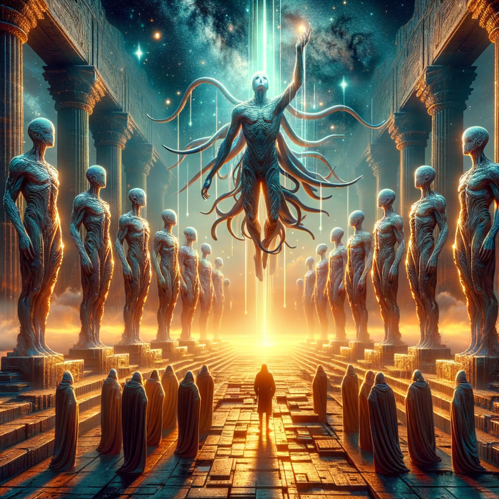 A dramatic, realistic digital scene inspired by the topic: 'Could human-alien hybrid myths stem from Watchers lore?', rendered in square format with ancient, biblical, or supernatural themes, suitable for a feature image.